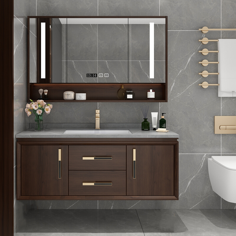 现代轻奢新中式岩板浴室柜组合实木橡木洗漱台洗脸盆柜组合卫浴柜