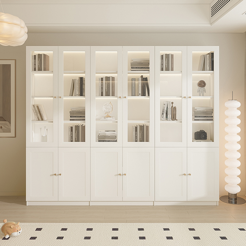现代简约法式奶油风书柜实木收纳柜家用防尘展示柜玻璃门白色书架