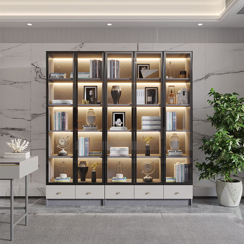 轻奢书柜玻璃门带灯现代简约一体书架书房落地组合置物柜子可定制