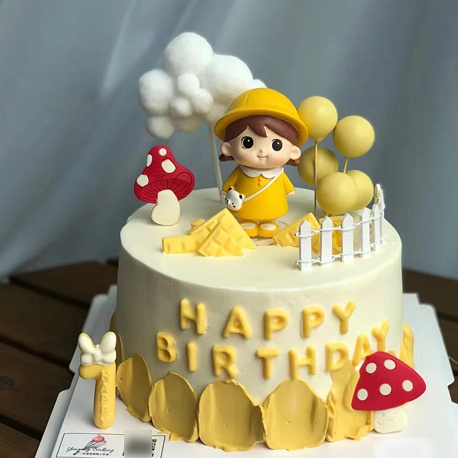 儿童节黄衣服雨衣小男孩 恐龙帽 背包小女孩 生日蛋糕摆件