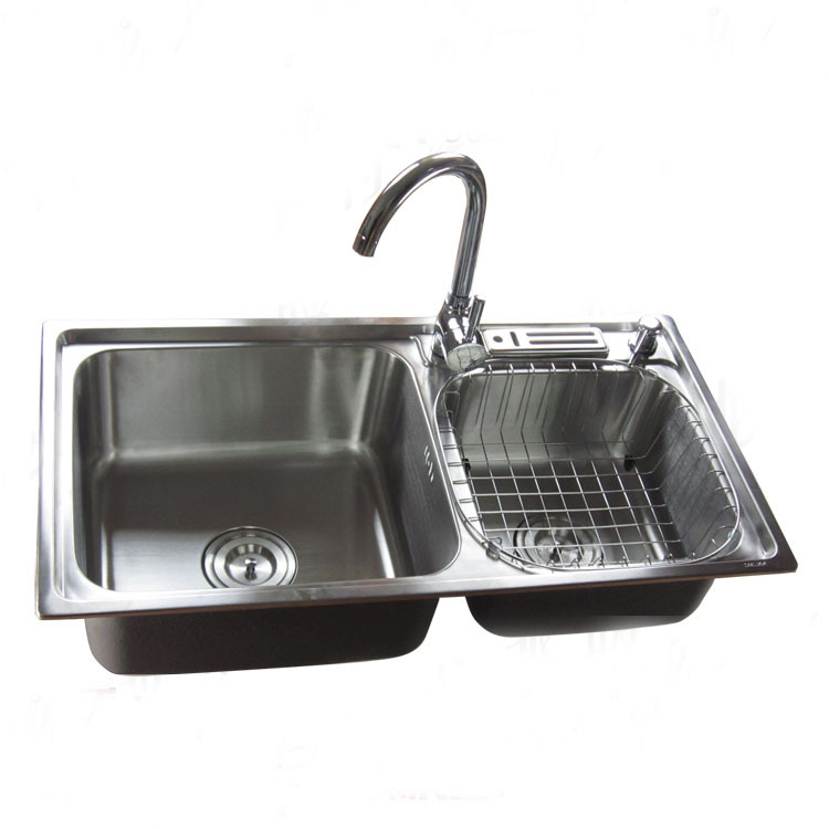 SUS304不锈钢一体成型磨砂厨房水槽套餐洗菜盆洗碗池带刀架双槽