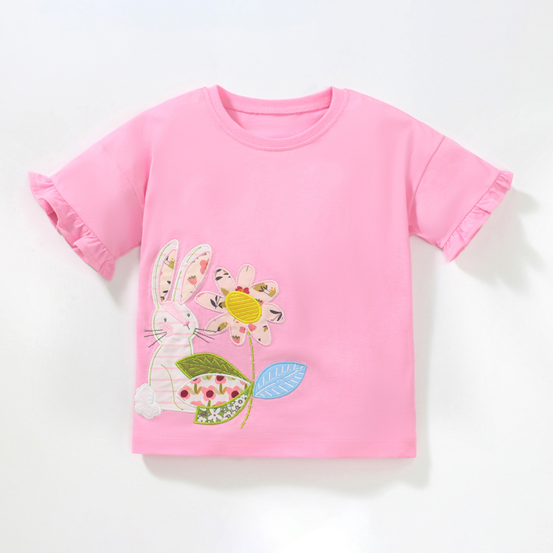 2024新款夏装女童粉红色T恤短袖宝宝纯棉上衣儿童兔子半袖体恤衫6