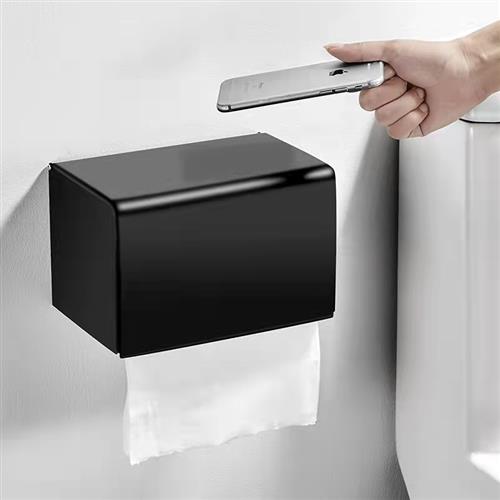 304不锈钢纸巾盒黑色卫生间防水卷纸盒手机架浴室壁挂抽纸盒方形