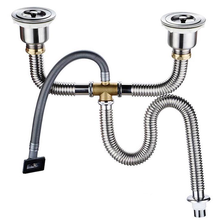304不锈钢管双盆水槽下水器配件厨房洗菜盆下水管三通防臭排水管