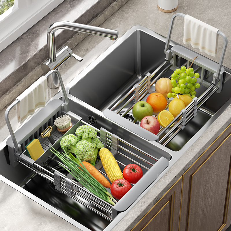 厨房水槽沥水架可伸缩不锈钢洗菜盆收纳架碗盘架沥水篮厨房置物架