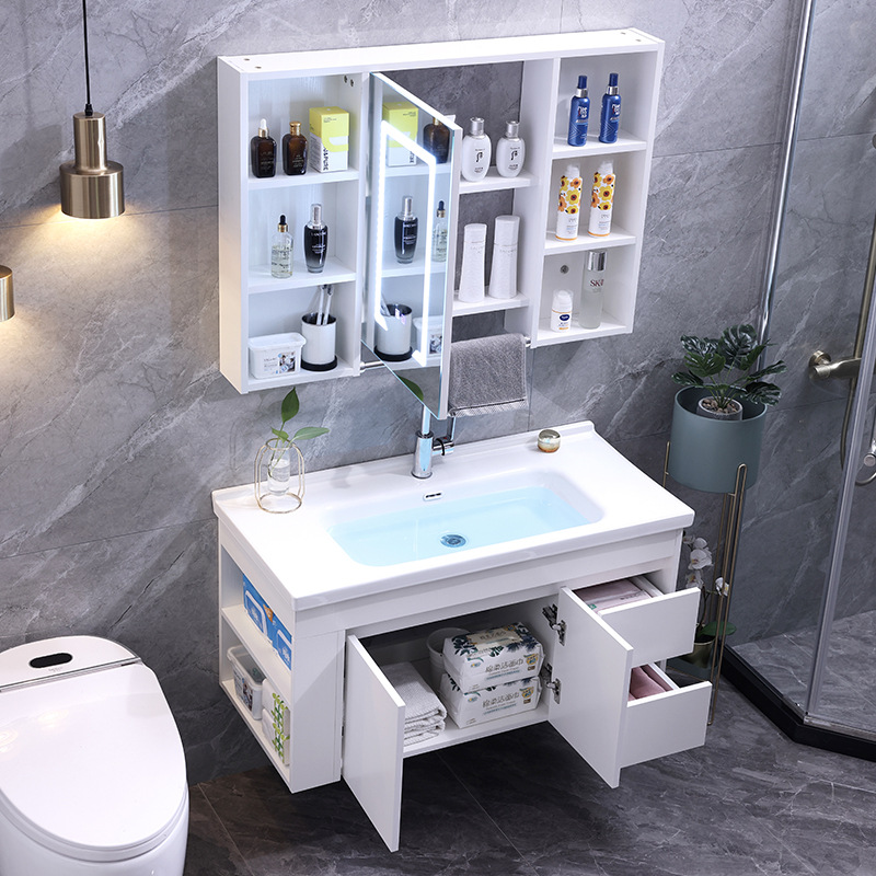 7L8K现代实木浴室柜组合套装带左右侧边储物柜挂墙式洗手台洗脸盆