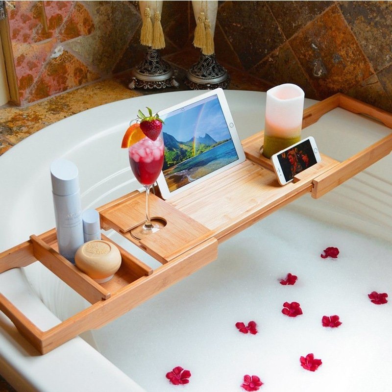 u浴缸旁置物架可伸缩浴盆上面放置架支架泡澡用放平板手机的置物
