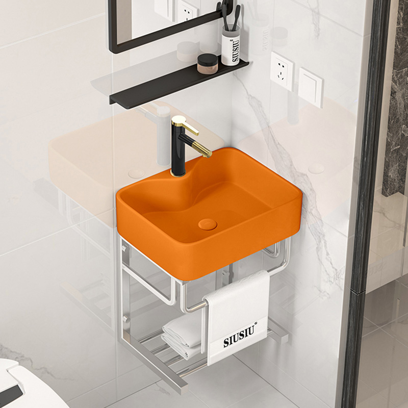 小空间户型挂墙式橙色陶瓷洗手盆不锈钢支撑架阳台洗脸水盘面池子
