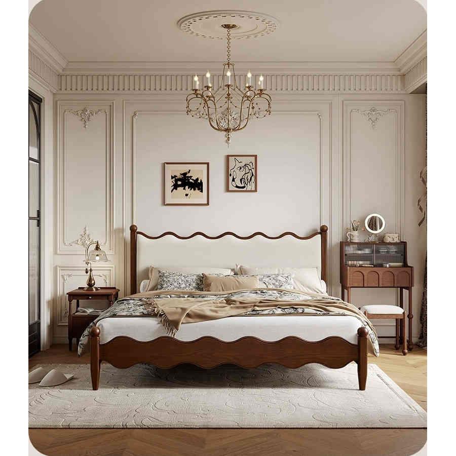 涟漪床法式奶油风复古床1米85大床小户型全双人北欧白蜡木实木床