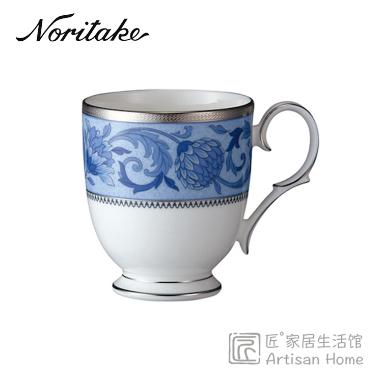 现货Noritake日本则武骨瓷马克杯320ml蓝色诗篇茶水杯牡丹菊花图
