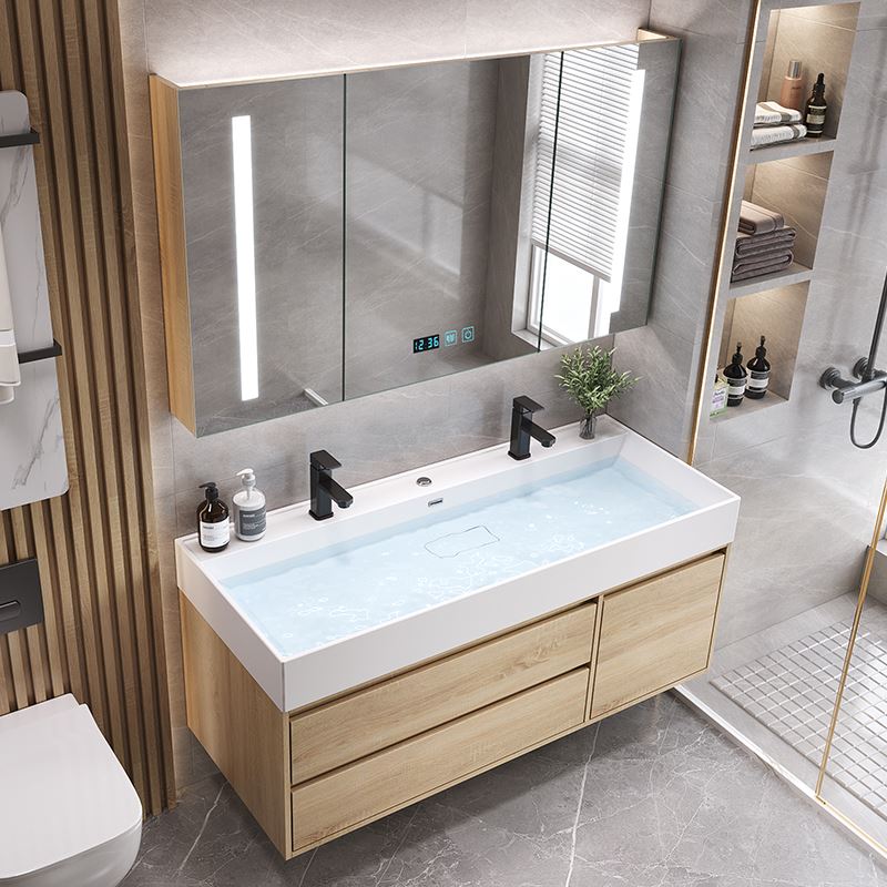 日式简约浴室柜组合岩石一体盆原木色实木洗手洗脸池卫生间洗漱台