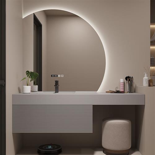 现代智能橡木浴室柜组合岩板一体洗手池洗脸盆梳妆台卫生间洗漱台