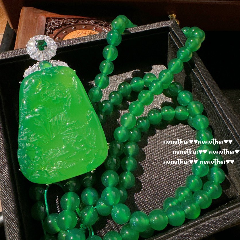 巴西绿玉髓山水牌宝石项链 种水盈盈 贵妃玛瑙串珠毛衣链 组合