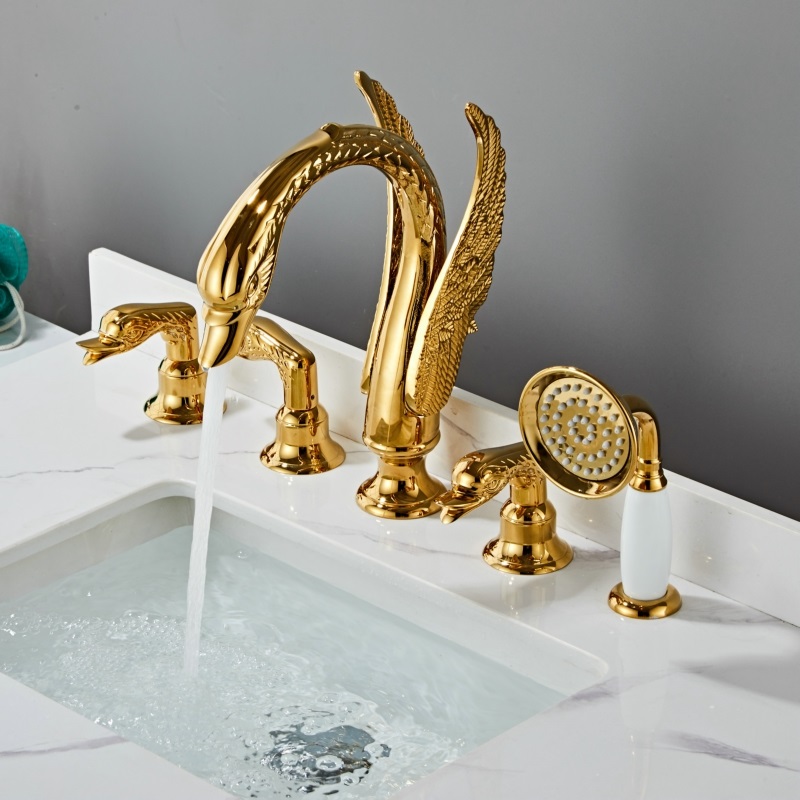金色小天鹅五件套全铜浴缸水龙头冷热水双控带花洒五孔浴边分体式