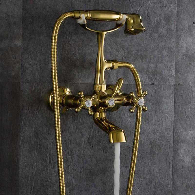 贝西挂墙式冷热明装全铜欧式镀金浴缸龙头入墙式混水电话手持套装