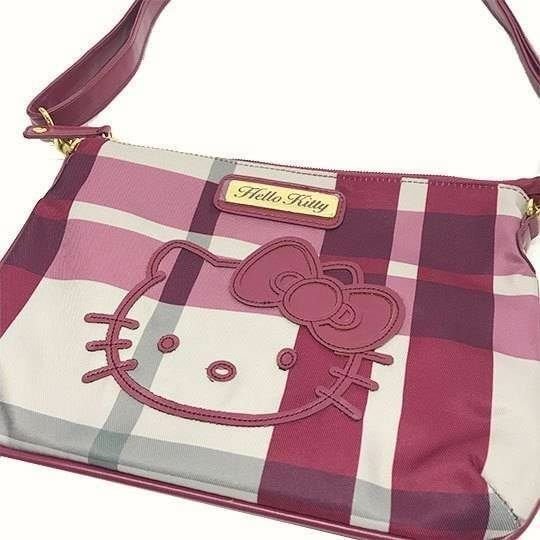 海外限定Hello Kitty旅行系列～扁平桃红方格斜背包