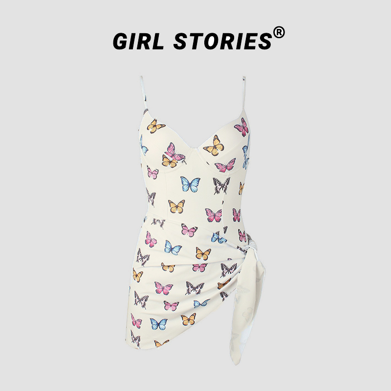 Girl Stories高级原创设计风娜扎同款泳衣遮肚蝴蝶钢托连体两件套
