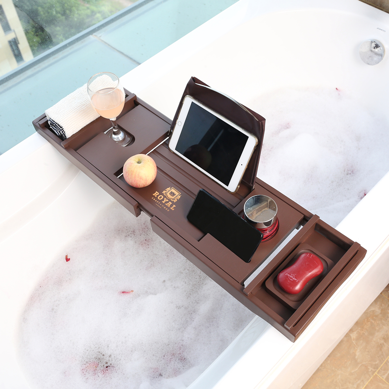 定制欧式咖色泡澡架竹木浴缸置物架可伸缩浴缸架酒店民宿浴缸置物
