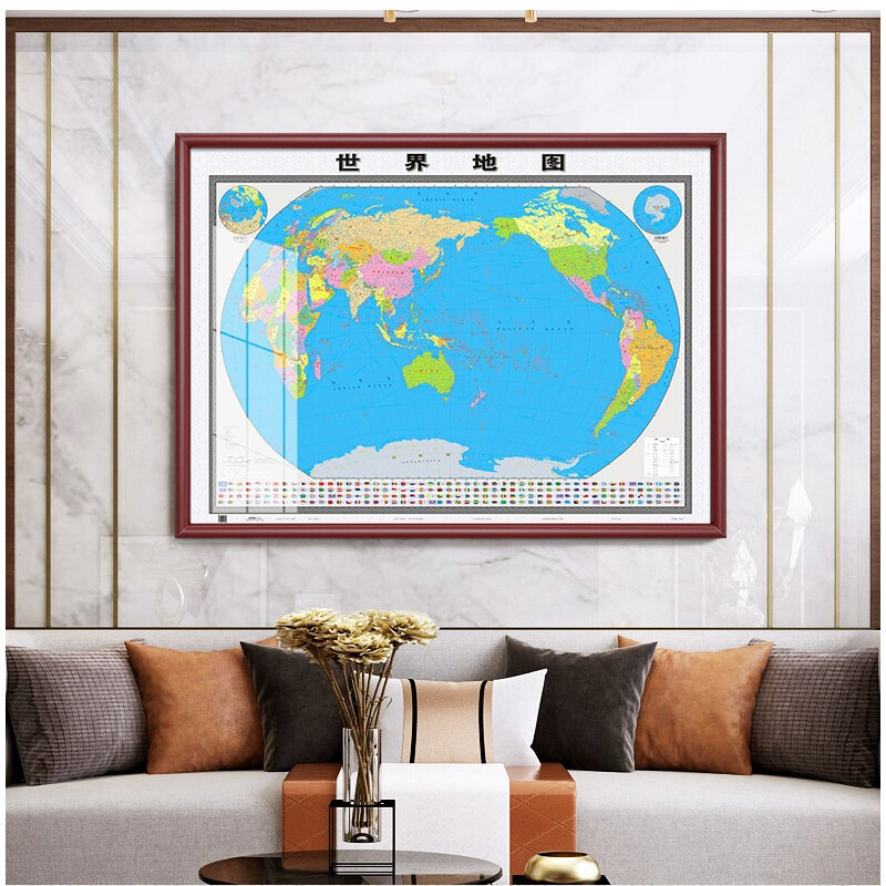 【预售商品】世界地图 两全现代金属 仿古柚红超大1.6米 表框挂画 世界地图挂图 办公室家用书房装饰画 裱框定制地图