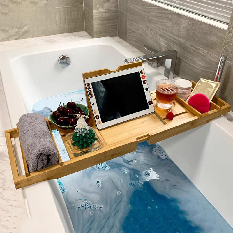 品生美欧式防滑伸缩浴缸架竹木桶支架卫生间泡澡置物架木架置物板