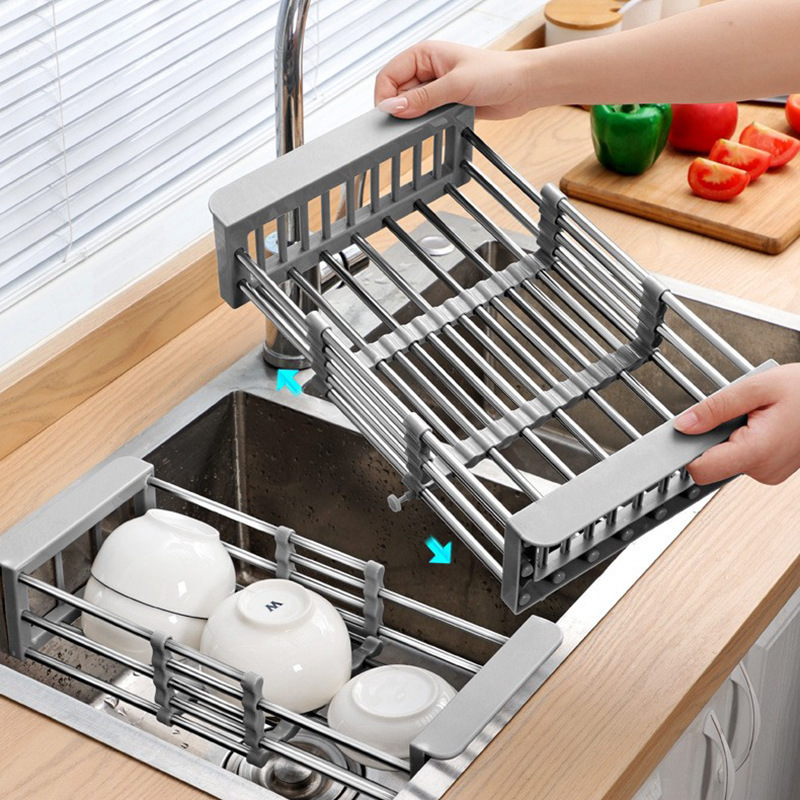 日式加厚可伸缩厨房水槽沥水架洗碗池不锈钢晾碗置物架水果洗菜篮