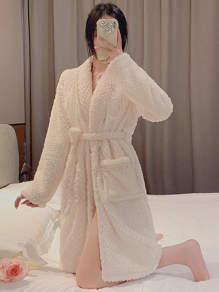新品珊瑚绒中长款睡袍女秋冬季性感白色酒店浴袍睡衣裙孕妇家居服