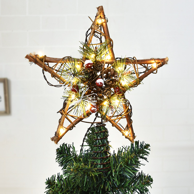 圣诞装饰用品 木制松果五角星摆饰 圣诞树顶部装扮发光树顶星摆件