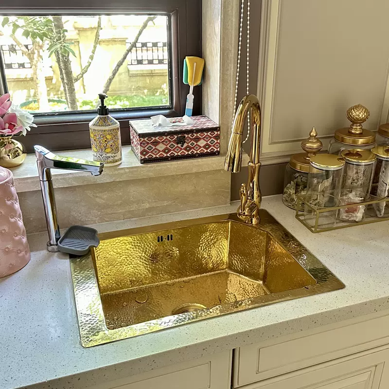 法式复古厨房大单槽嵌入岛台水吧台水槽纯铜金色台下盆水盆洗碗池