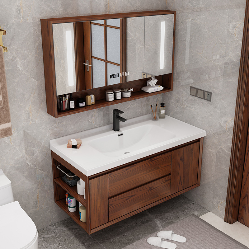 现代智能新中式浴室柜组合橡木一体陶瓷盆岩板洗手池洗脸台盆卫浴