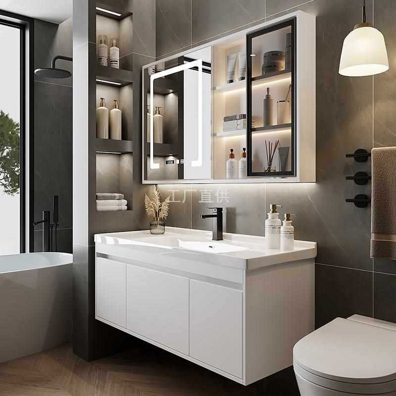 利姿卫浴奶油风陶瓷一体盆浴室柜组合实木现代简约洗脸洗手盆柜