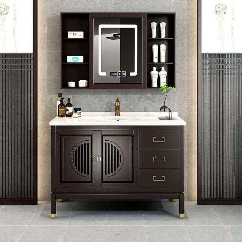 现代新中式浴室柜移门风水镜柜智能镜北欧轻奢卫浴柜橡木落地组合