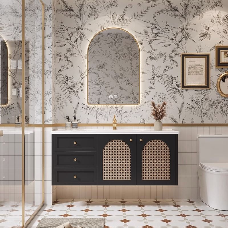 法式美式复古藤编浴室柜组合陶瓷一体洗漱盆实木烤漆洗脸池