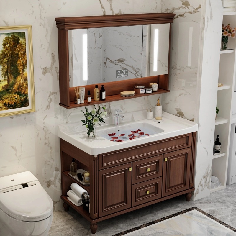 智能镜柜一体陶瓷盆美式浴室柜新中式实木卫浴柜岩板一体洗脸盆柜