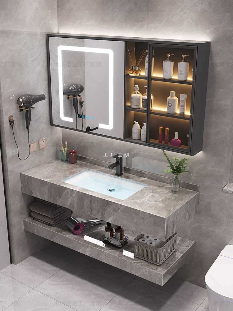 浴室柜组合亮面岩板陶瓷一体盆卫生间洗漱台洗手池洗脸池卫浴套装