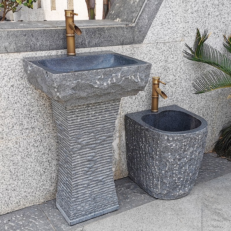 庭院石头洗手盆台中式一体户外立柱盆天然石材洗脸盆X花园水池复