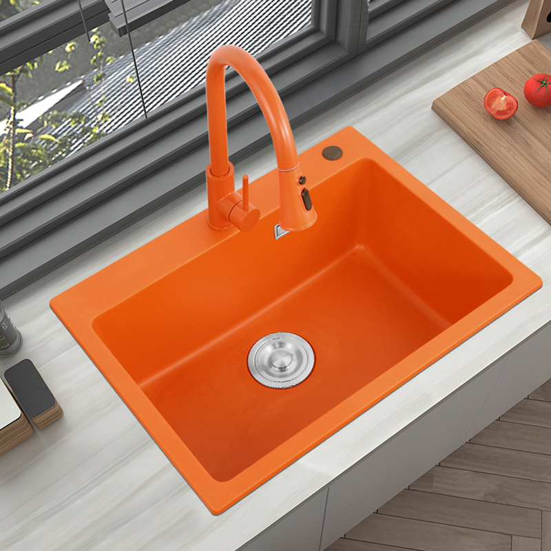 德国花岗岩洗菜盆橙色p石英石水槽厨房洗碗池大单槽中岛台彩色水