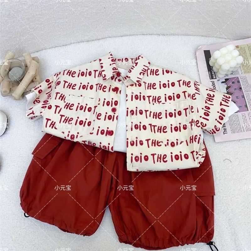 2024儿童夏季韩版男女童红色字母衬衫韩版男女童抽绳工装短裤韩系