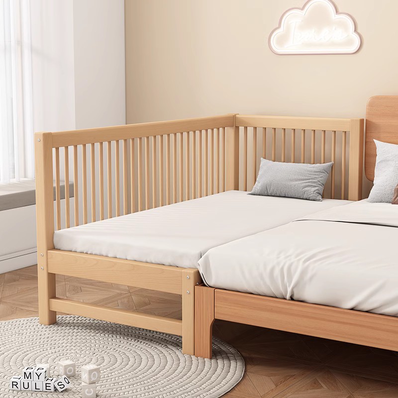 榉木儿童床拼接大床带s护栏床边加宽宝宝婴儿床男孩实木小床