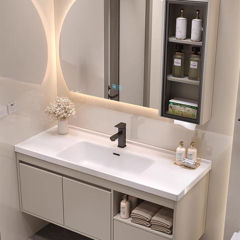 橡木浴室柜智能镜柜陶瓷一体盆卫生间洗漱台现代轻W奢洗脸池洗手