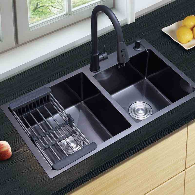 黑色纳米不锈钢多功能水槽厨房洗碗池单槽双槽加厚台上中下盆