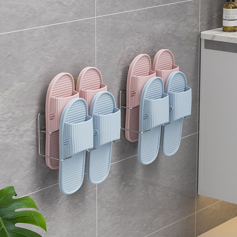 高档浴室拖鞋架墙壁挂式免打孔卫浴粘贴不锈钢鞋架收纳创意沥水浴