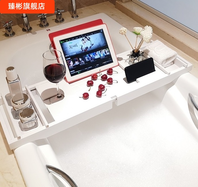 浴缸架竹制伸缩防滑浴缸支架卫生间泡澡置物架手机平板支架浴盆架