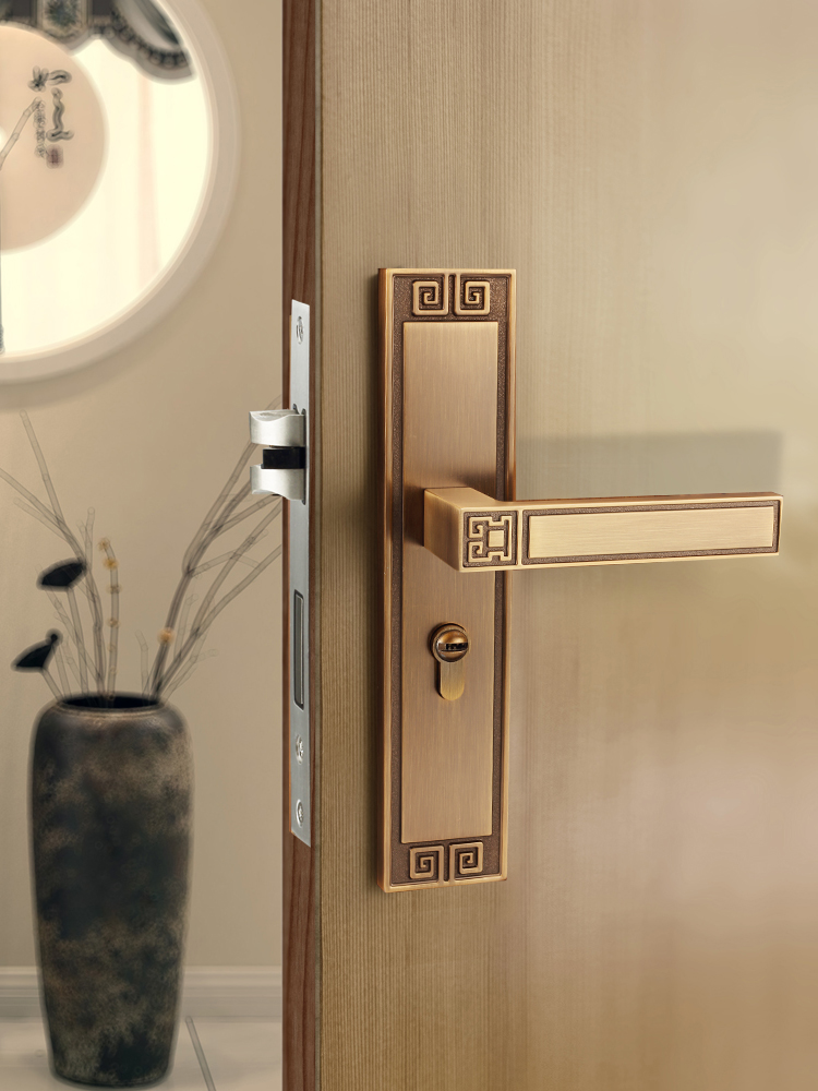 新中式门锁室内卧室 黄古铜房间门锁家用通用型把手静音木门锁具