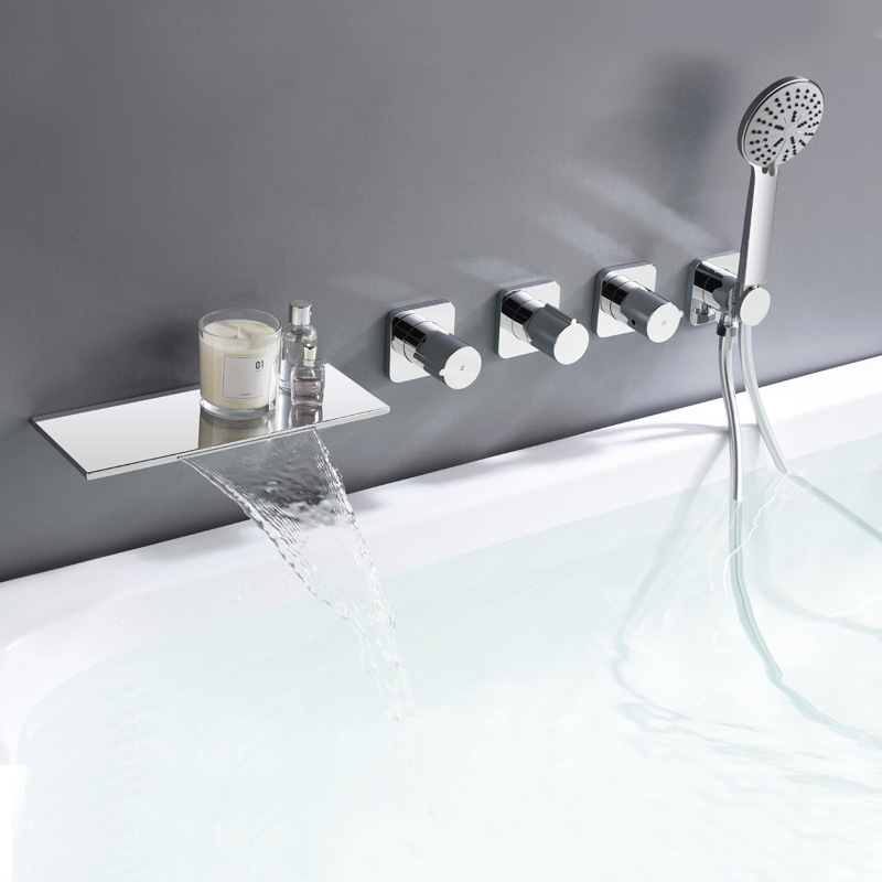 黑色铬色入墙式浴缸龙头缸边式全铜瀑布出水暗装墙出淋浴花洒套装