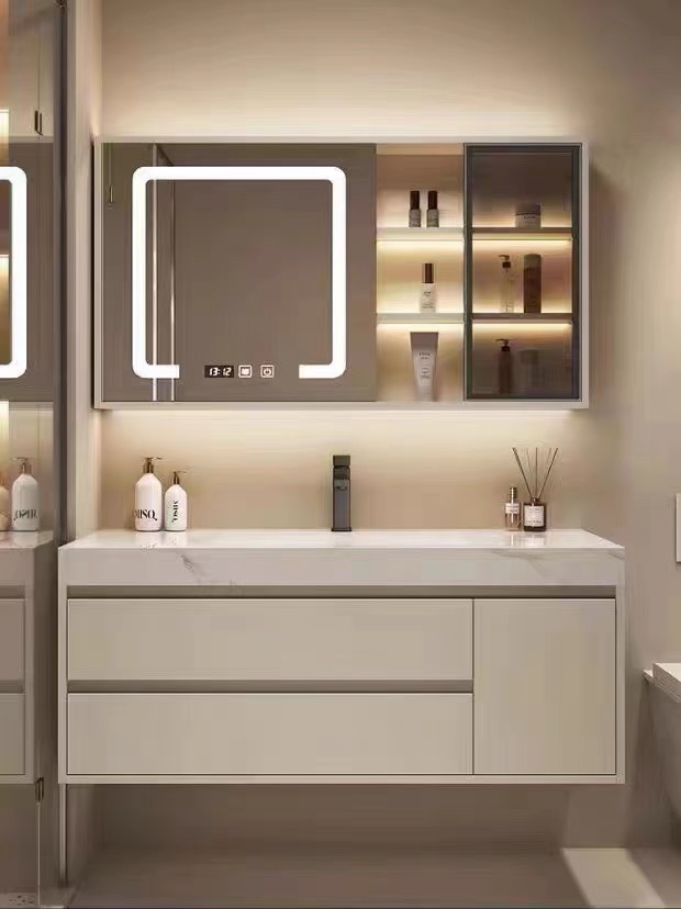 洗手盆智能镜片浴室柜组合多层板非标镜柜岩实木盆无缝洗脸盆定制