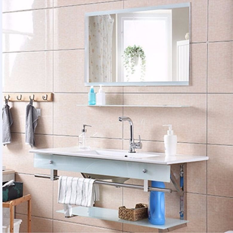 挂墙式一体陶瓷洗脸盆卫生间简易钢化玻璃家用组合洗漱台盆浴室柜