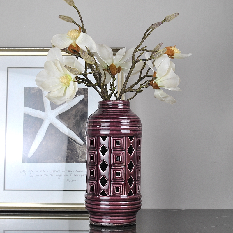 欧式田园风格紫色几何镂空陶瓷圆柱花瓶家居玄关桌面软装道具饰品