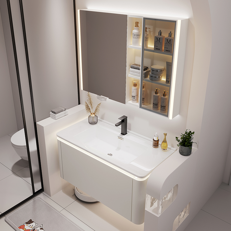 现代简约奶白色浴室柜卫生间洗脸盆组合一体陶瓷洗手池洗漱台面盆