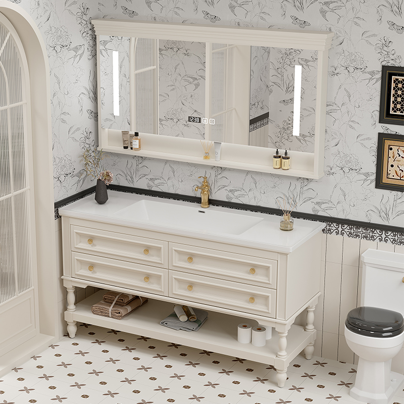 美式橡木浴室柜组合卫生间实木洗手洗脸盆洗漱台陶瓷一体盆落地式