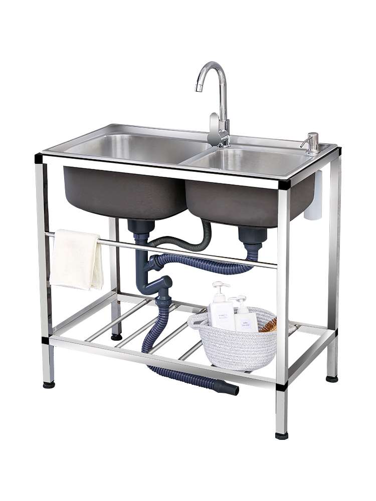 简易水槽洗菜盆双槽家用厨房304加厚不锈钢支架洗碗槽池带架一体